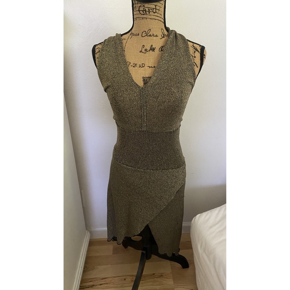 Alice + Olivia Gold Metallic Knit Asymmetric Midi Dress XS Evening Formal